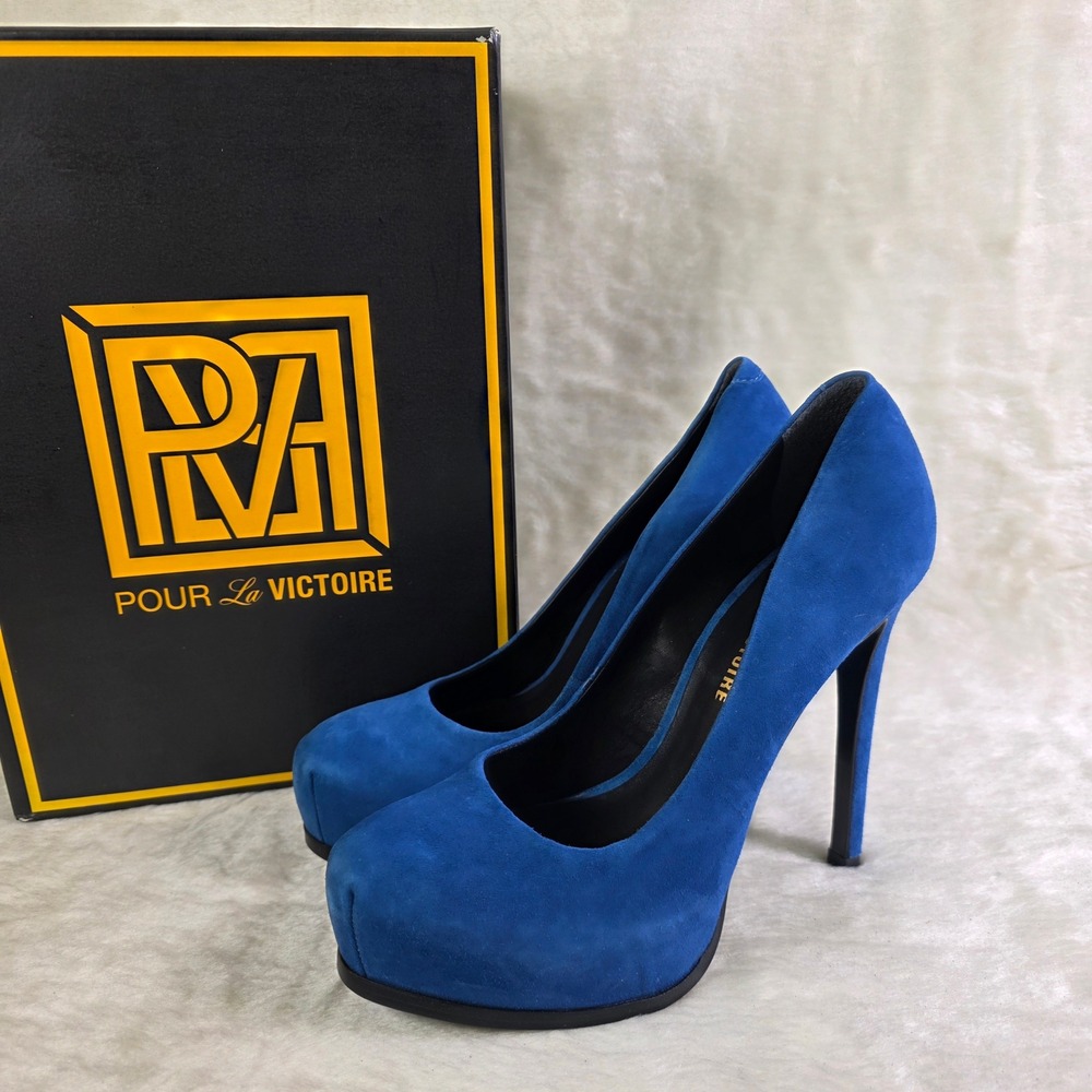 Pour La Victoire Irina Platform Pumps Stilettos Blue Italian Suede Women 7.5 NEW
